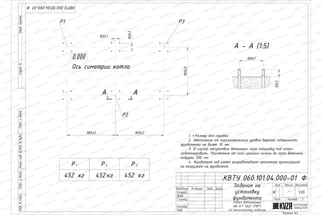 Котел на угле дровах 700 кВт с ОУР фундамент